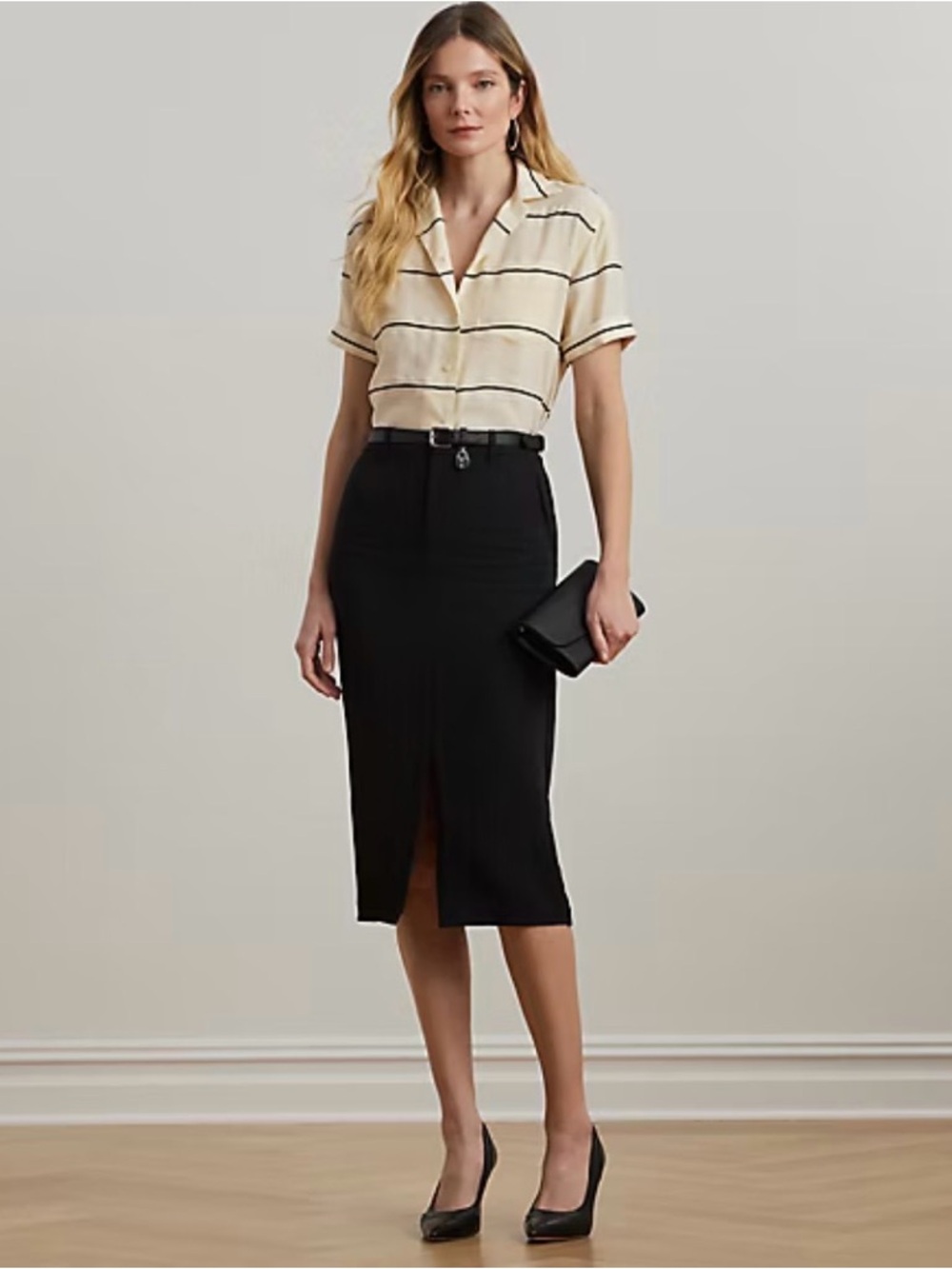 Lauren Ralph Lauren Black Stretch Cady Pencil Skirt with Front Slit (Size 8)